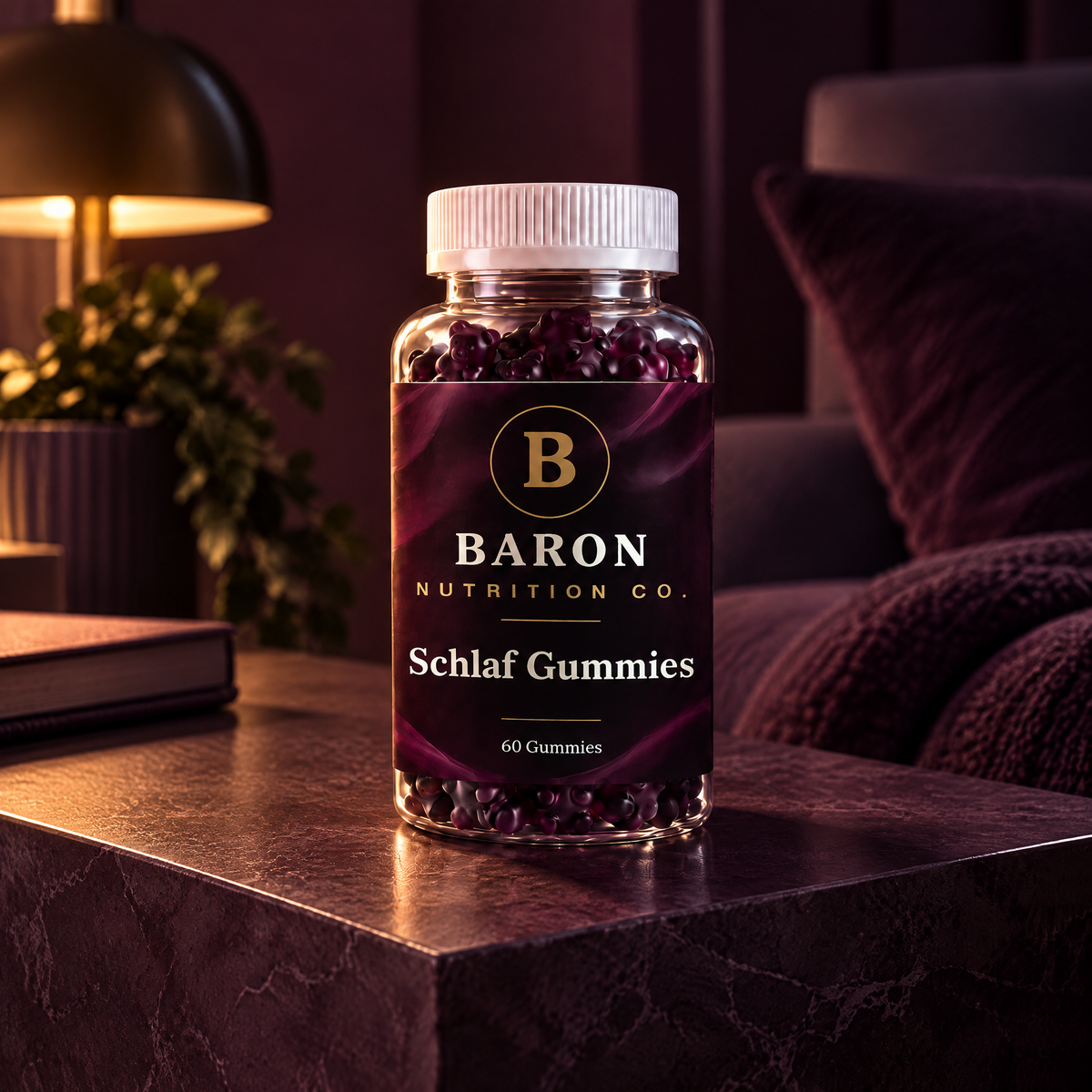 Baron Sleep Gummies jar at three-quarter angle in warm evening light
