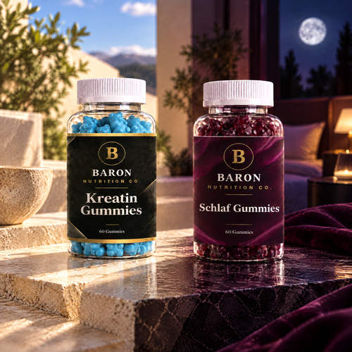 Baron day and night routine: Creatine Gummies in daylight beside Sleep Gummies in moonlight