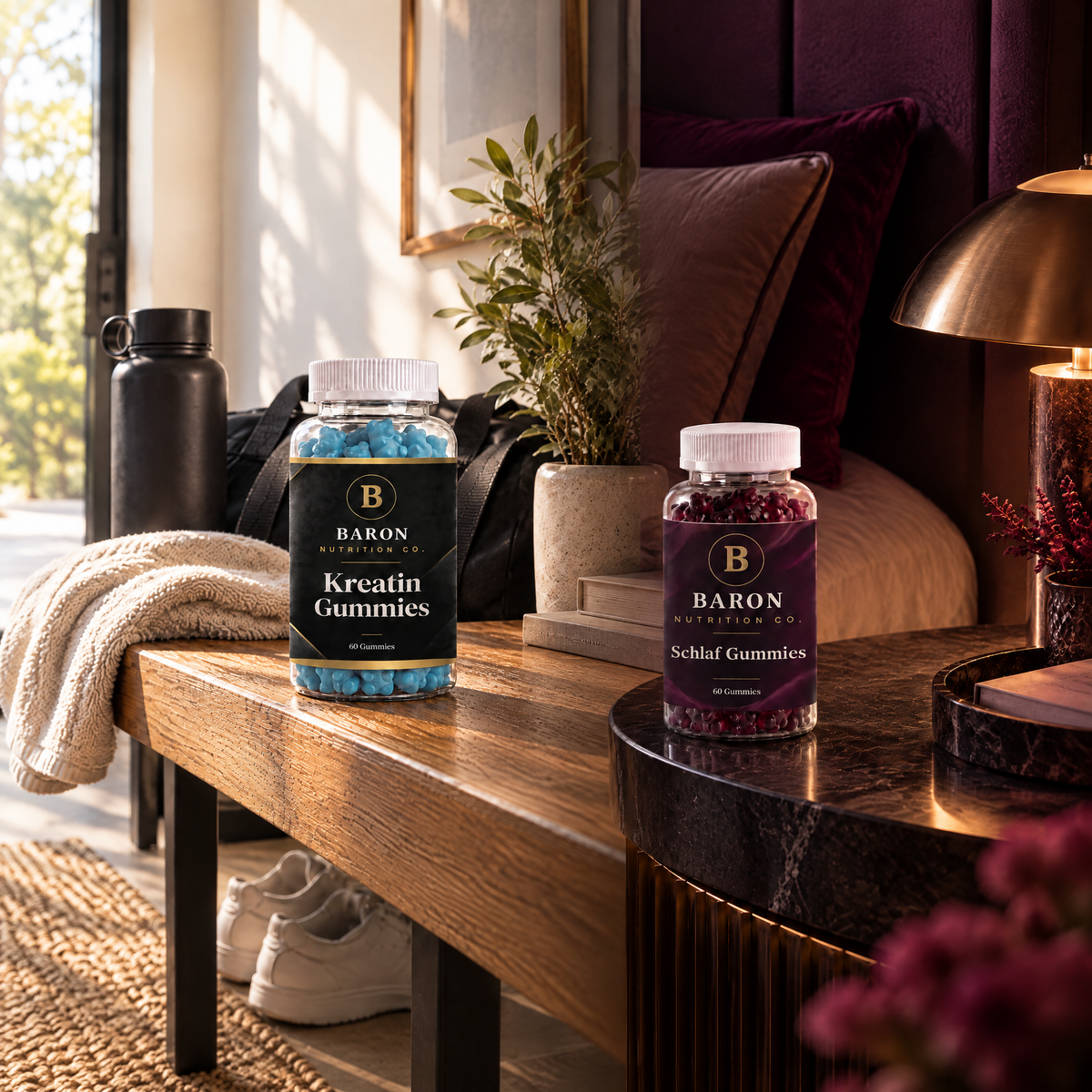 Both Baron jars in a home setting, Creatine on a bench by a gym bag and Sleep on a bedside table