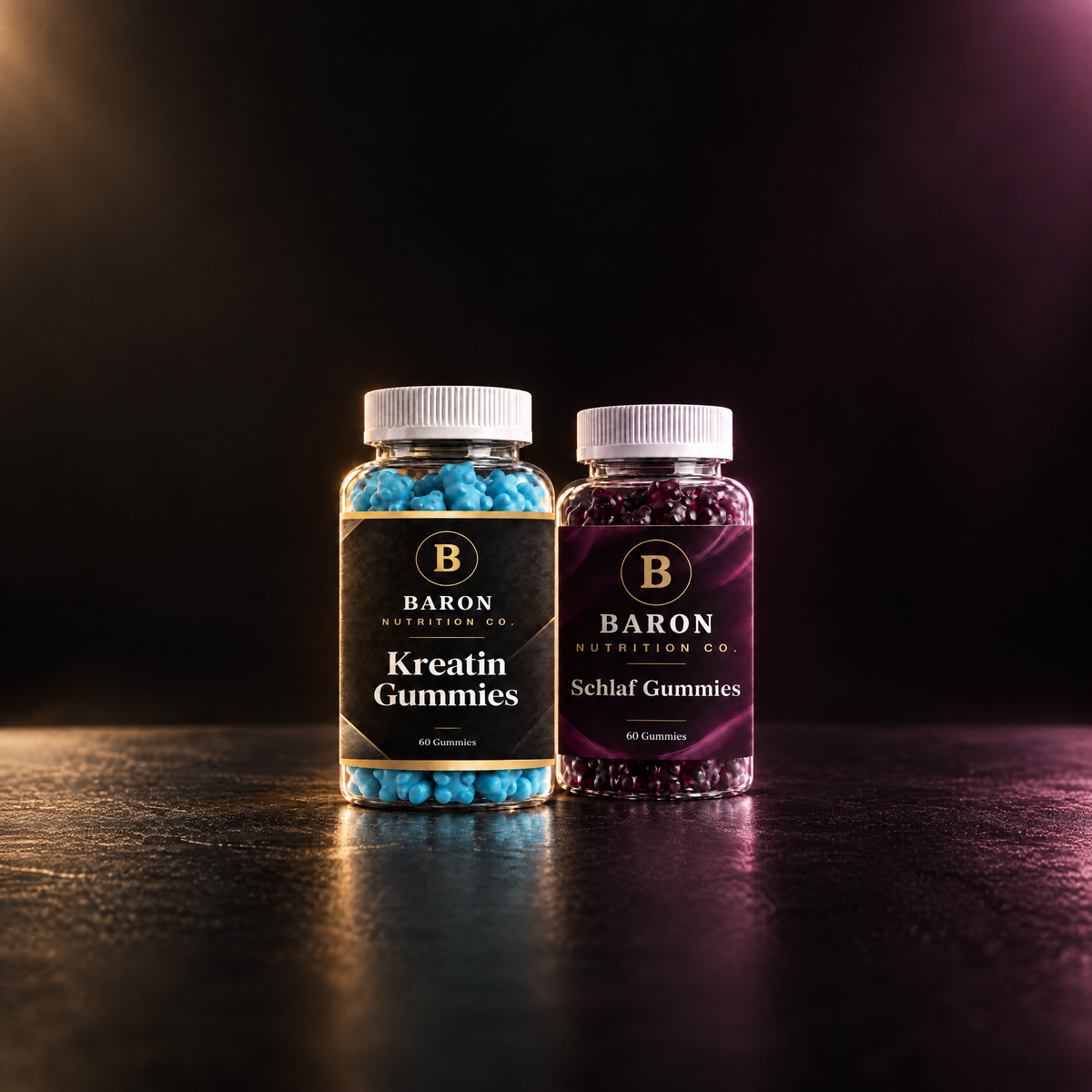 Both Baron jars together on a dark reflective surface, warm light on the left and berry light on the right