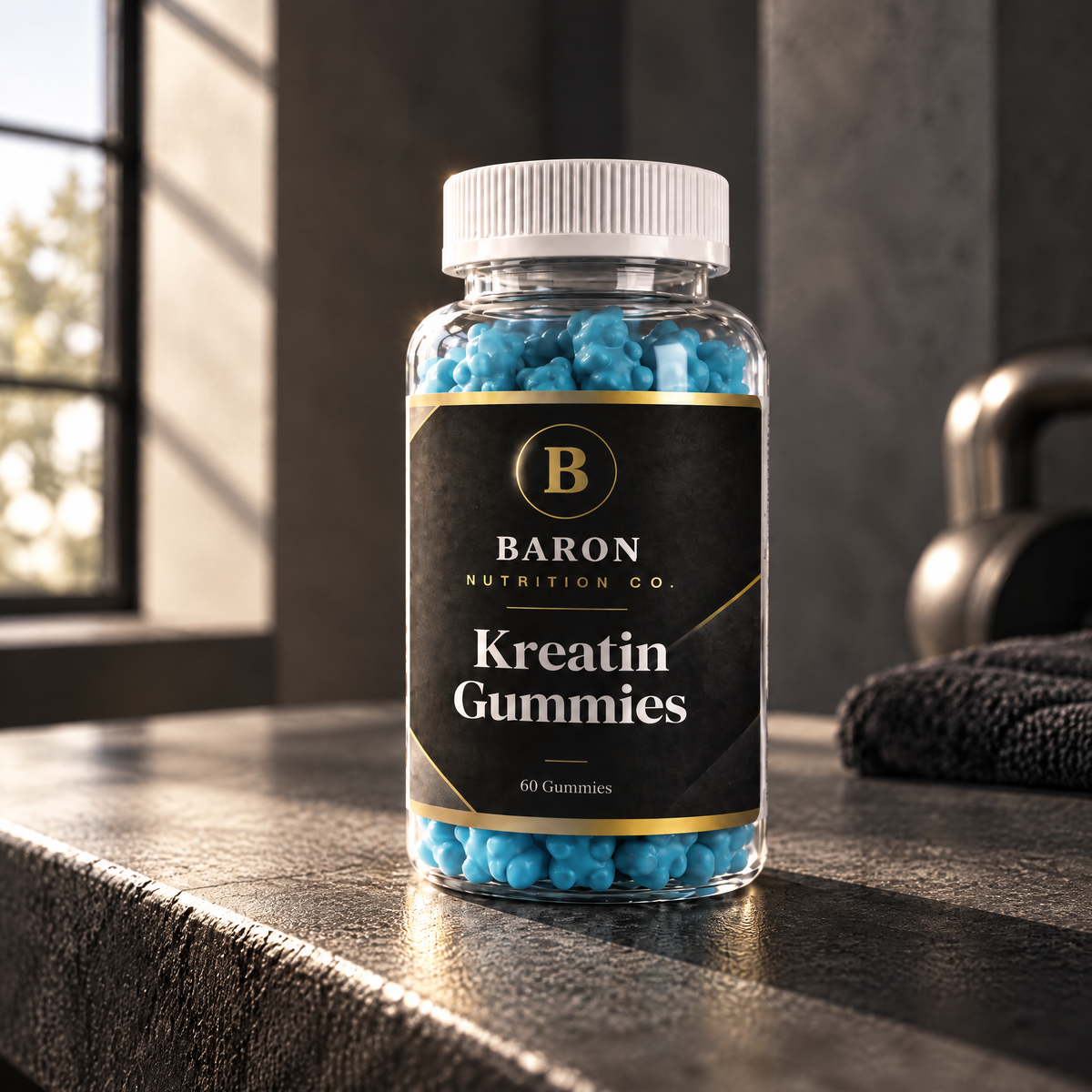 Baron Creatine Gummies jar at three-quarter angle in a gym setting with a kettlebell in the background