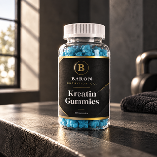 Baron Creatine Gummies jar at three-quarter angle in a gym setting with a kettlebell in the background