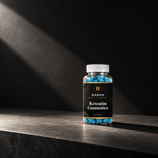Baron Creatine Gummies jar lit by a single shaft of light against a dark minimal background