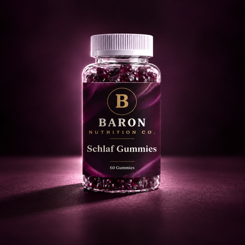 Baron Sleep Gummies jar with deep berry label and dark purple gummies on a bedside table